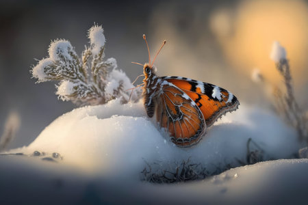 unexpected glimpse of butterfly in the midst of wintery landscape, created with generative aiの素材