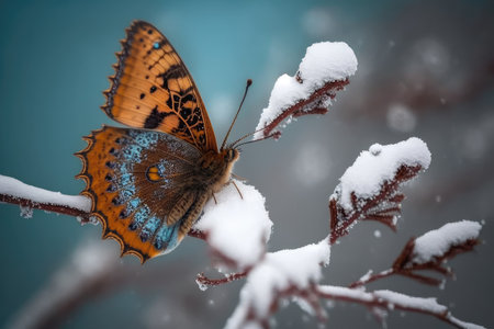 butterfly fluttering atop snow-covered branch, created with generative aiの素材