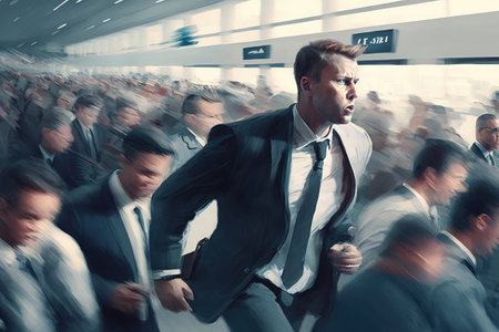 businessman, rushing to make his flight, passing by crowd of travelers in busy airport, created with generative aiの素材