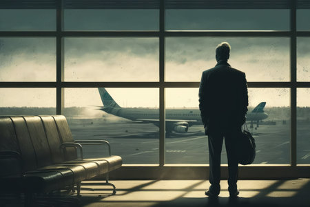 businessman, waiting for flight, looking out the window at busy airport terminal, created with generative aiの素材