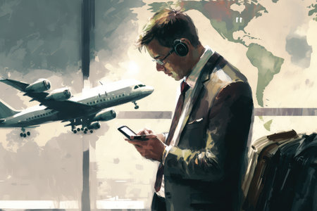 businessman, checking flight status on his smartphone, while he waits for his flight, created with generative aiの素材