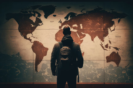 person, looking at map of world, planning future business trips, created with generative aiの素材