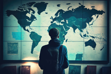 person, looking at map of world, planning future business trips, created with generative aiの素材