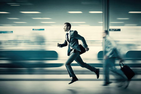 businessman, rushing to get on the plane for important meeting, rushes through airport, created with generative aiの素材