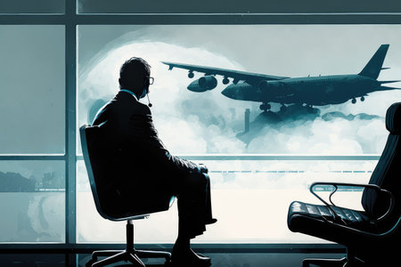 businessman, waiting for his flight, with view of aircrafts taking off and landing, created with generative aiの素材
