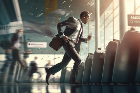 businessman, rushing through airport terminal, making last-minute preparations for flight, created with generative aiの素材