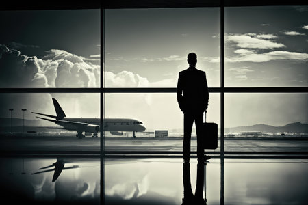 traveling businessman, waiting for flight to depart, with view of the airport runway visible in the background, created with generative aiの素材