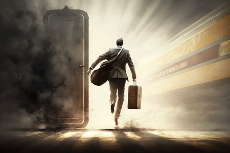 person, rushing to their gate, with suitcase and briefcase in hand, created with generative aiの素材