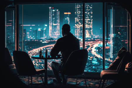 person, playing poker game in casino lounge, with view of busy gaming floor visible through the window, created with generative aiの素材