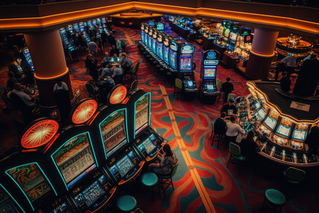a casino floor with a colorful and busy atmosphere, slot machines and people gambling, created with generative aiの素材