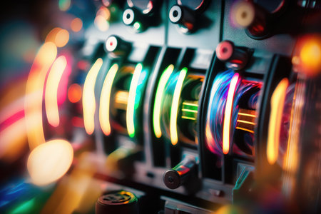 close-up of the flashing lights and spinning reels of a slot machine, created with generative aiの素材