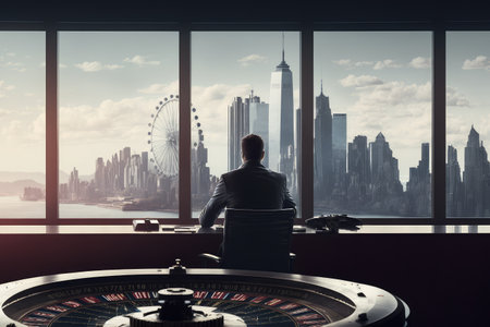 person, playing roulette at modern and stylish casino, with view of city skyline visible through window, created with generative aiの素材