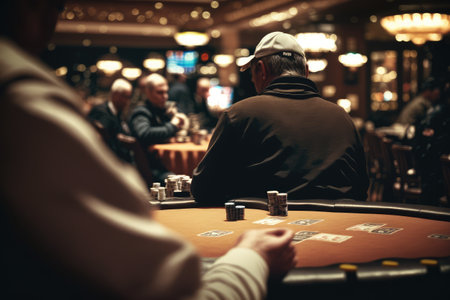 person, playing blackjack, with view of busy casino floor in the background, created with generative aiの素材