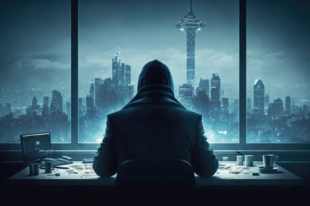 person, playing blackjack at sleek and modern casino with view of the city skyline in the background, created with generative aiの素材
