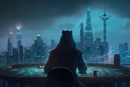 person, playing blackjack at sleek and modern casino with view of the city skyline in the background, created with generative aiの素材