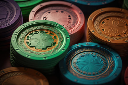 close-up of casino chips, different denominations and colors visible, created with generative aiの素材