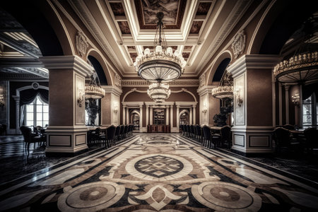 a casino with luxury and sophistication, featuring marble floors and chandeliers, created with generative aiの素材