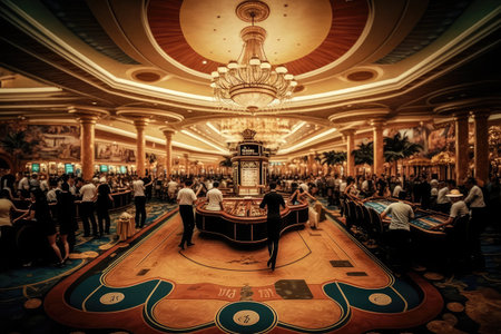 casino floor with people playing games, dancing, and socializing, created with generative aiの素材