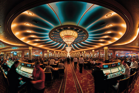 luxurious casino with crystal chandeliers, plush red carpets and games of chance, created with generative aiの素材