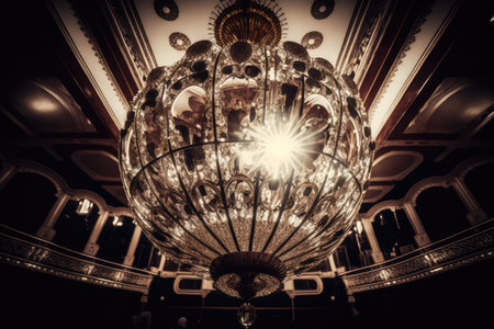 shiny chandelier hangs from the ceiling, reflecting on the floor in a casino hall, created with generative aiの素材