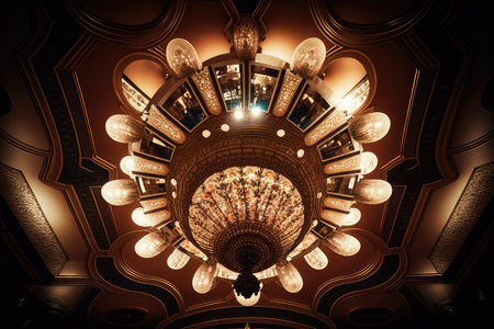 shiny chandelier hangs from the ceiling, reflecting on the floor in a casino hall, created with generative aiの素材