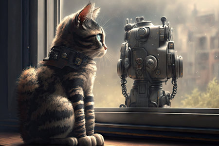 cat sitting and looking out the window, with robotic limb visible, created with generative aiの素材