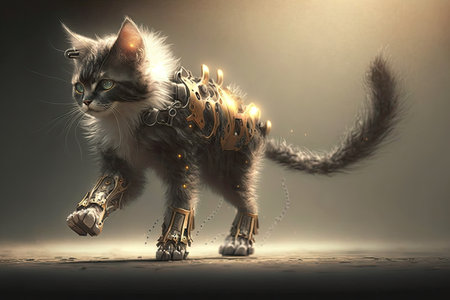 cat, with robotic leg attached, walking on shiny metal surface, created with generative aiの素材