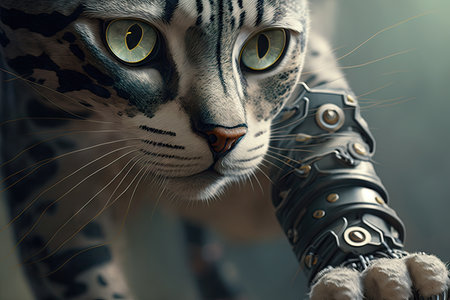 close-up of cats face, with robotic leg and paw visible, created with generative aiの素材