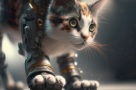 close-up of cats face, with robotic leg and paw visible, created with generative aiの素材