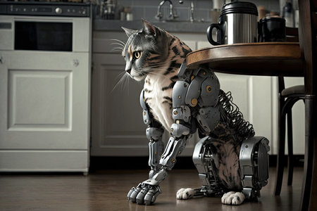 feline sitting on kitchen counter with robotic leg resting on the edge, created with generative aiの素材