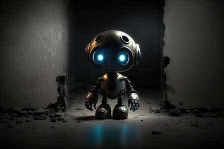 chatbot robot sitting in dark room, with only its glowing eyes visible, created with generative aiの素材