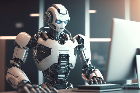 high-tech chatbot robot in futuristic office, solving problems and providing solutions, created with generative aiの素材