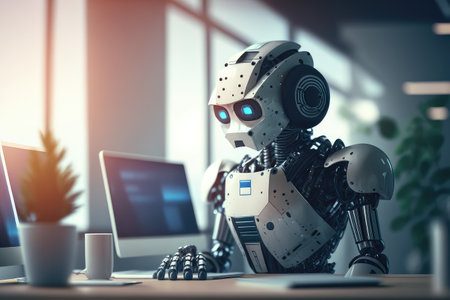 high-tech chatbot robot in futuristic office, solving problems and providing solutions, created with generative aiの素材