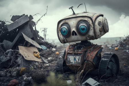 chatbot robot, repairing damage in natural disaster zone, created with generative aiの素材