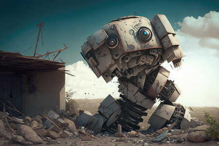 chatbot robot, repairing damage in natural disaster zone, created with generative aiの素材