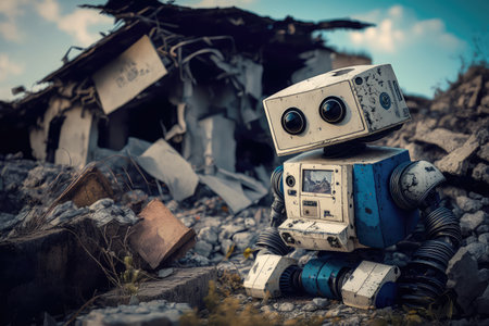 chatbot robot, repairing damage in natural disaster zone, created with generative aiの素材