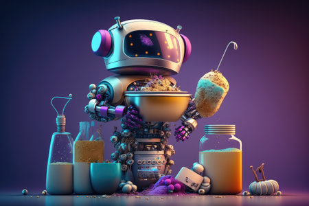 chatbot robot, mixing different ingredients in the laboratory, creating new and exciting medicines, created with generative aiの素材