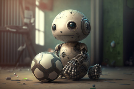 chatbot robot, sitting on the floor and playing with ball, created with generative aiの素材