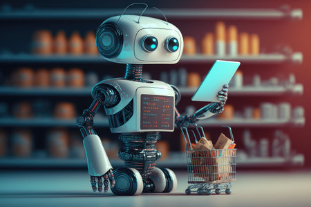 chatbot robot helping customer navigate online store, finding products and placing orders, created with generative aiの素材