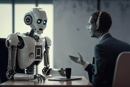 chatbot robot conducting interview with human, for demonstration of its abilities, created with generative aiの素材