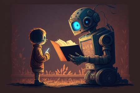 person, chatting with robot about their favorite book or movie, created with generative aiの素材