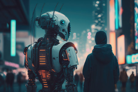 chatbot robot taking person on tour of futuristic city, showing off its technological advancements, created with generative aiの素材