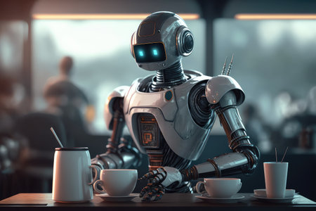 chatbot robot serving coffee in futuristic, high-tech cafe, created with generative aiの素材