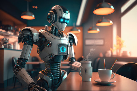 chatbot robot serving coffee in futuristic, high-tech cafe, created with generative aiの素材