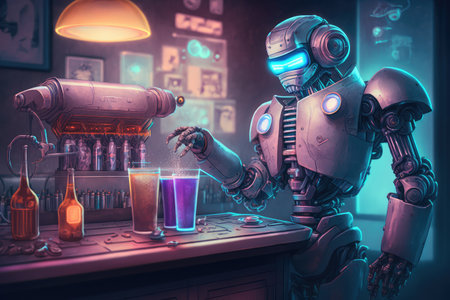 robot bartender, mixing cocktails and serving drinks to guests, created with generative aiの素材