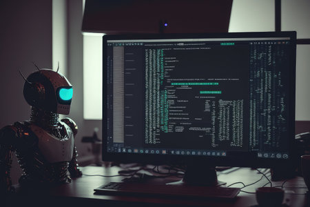 robot, programming a chatbot, with view of computer screen visible, created with generative aiの素材