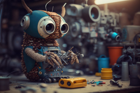 chatbot robot, operating in the factory, assembling products from parts, created with generative aiの素材