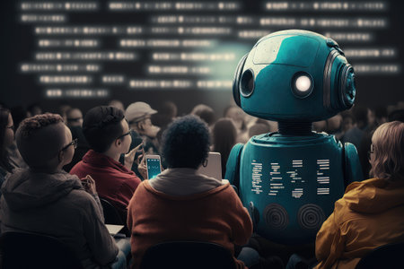 chatbot robot, speaking with group of people, sharing information about the latest movies in theaters, created with generative aiの素材