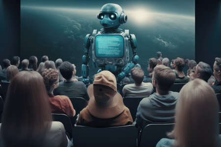 chatbot robot, speaking with group of people, sharing information about the latest movies in theaters, created with generative aiの素材