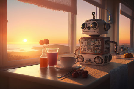 chatbot robot, making breakfast in crocheted kitchen, with view of peaceful sunrise, created with generative aiの素材